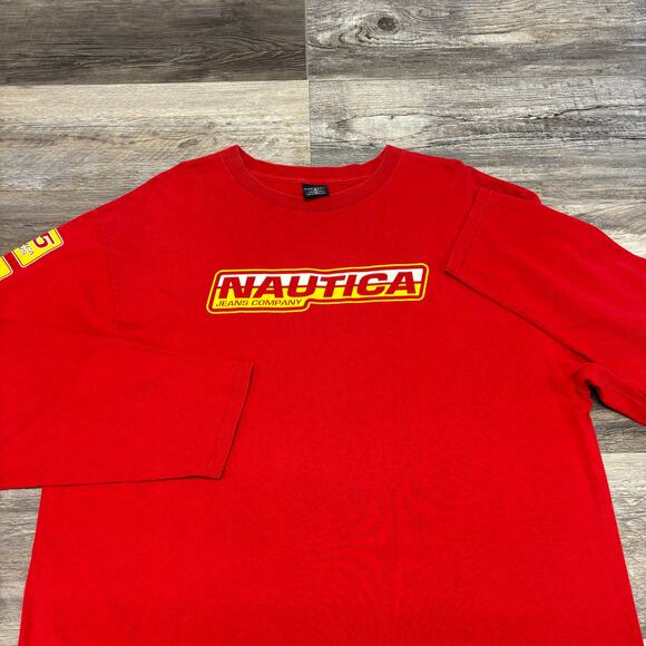 Vintage Y2K Nautica Jeans‎ Red Mens XL Spellout Long Sleeve Hip Hop Skater Shirt - Picture 1 of 9